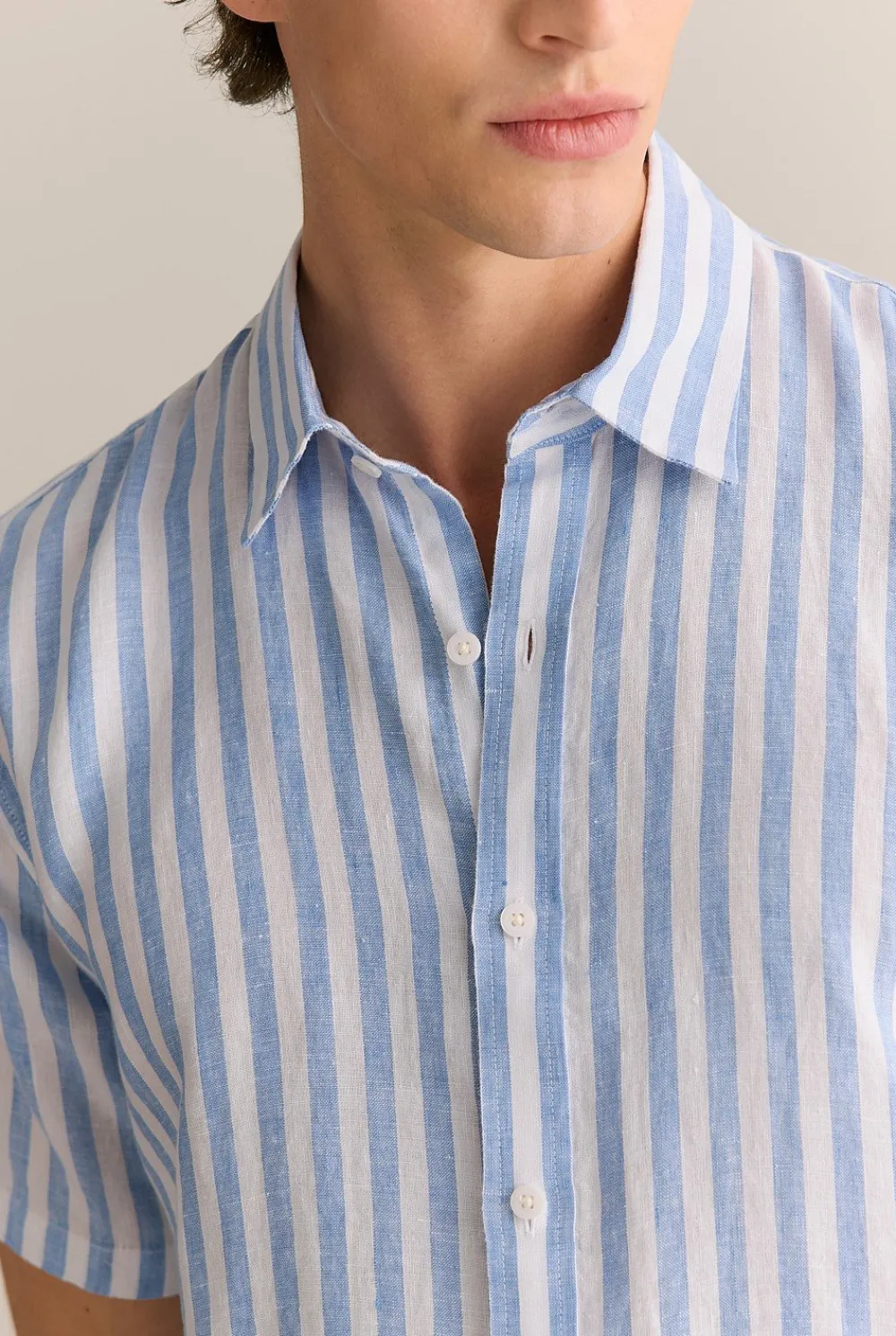 Shirts|The Linen Edit>Trenery Regular Fit Linen Bengal Stripe Short Sleeve Shirt WedgewoodBlue