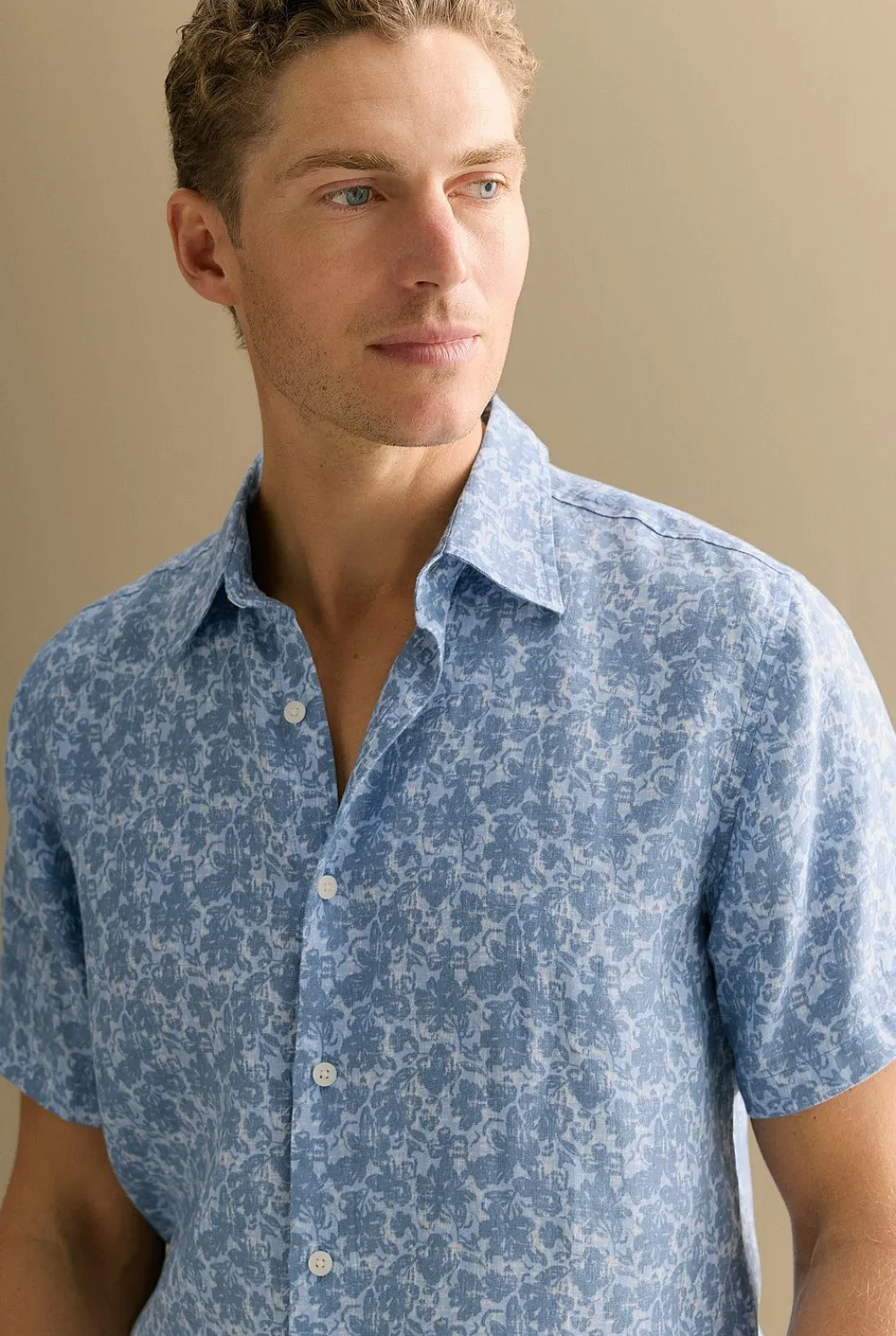 Shirts>Trenery Regular Fit Linen Floral Short Sleeve Shirt PaleBlue