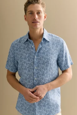 Shirts>Trenery Regular Fit Linen Floral Short Sleeve Shirt PaleBlue