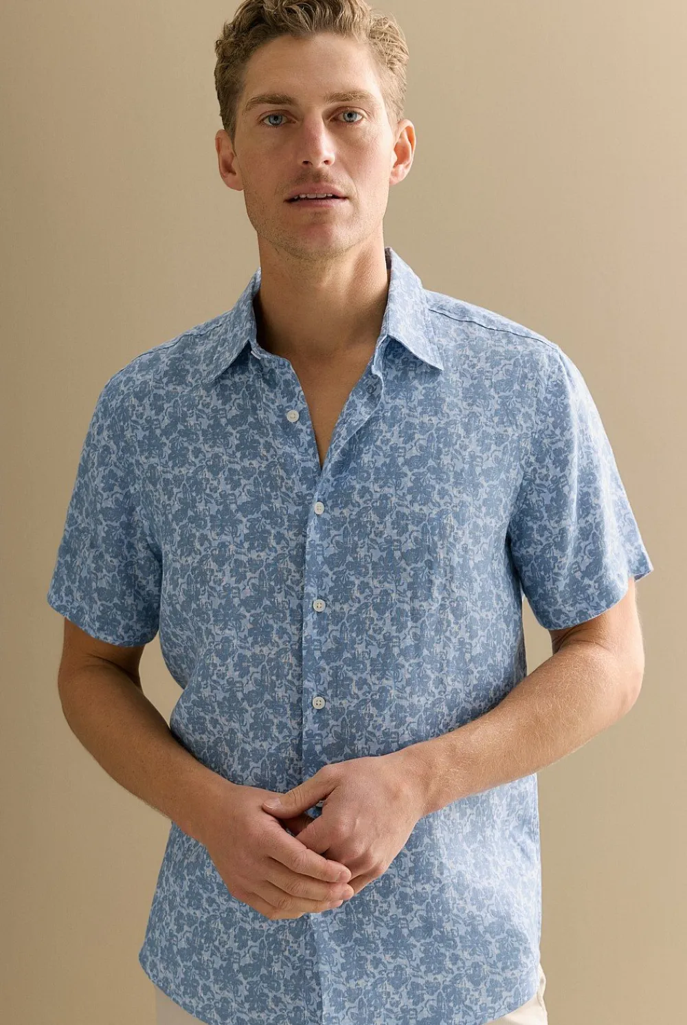 Shirts>Trenery Regular Fit Linen Floral Short Sleeve Shirt PaleBlue