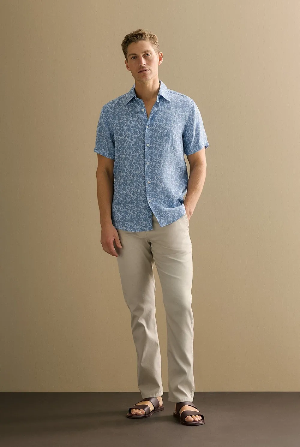 Shirts>Trenery Regular Fit Linen Floral Short Sleeve Shirt PaleBlue