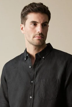 Shirts|Linen Shirts>Trenery Regular Fit Linen Piece Dyed Long Sleeve Shirt Black