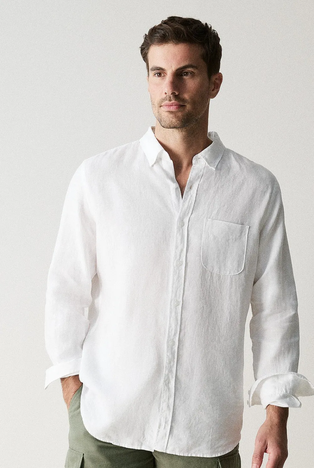 Shirts>Trenery Regular Fit Linen Piece Dyed Long Sleeve Shirt White
