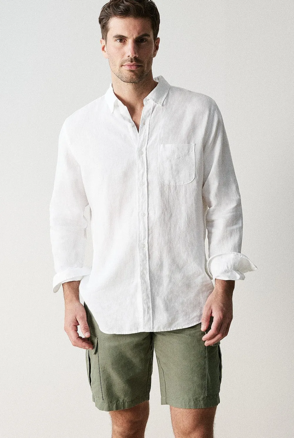 Shirts>Trenery Regular Fit Linen Piece Dyed Long Sleeve Shirt White