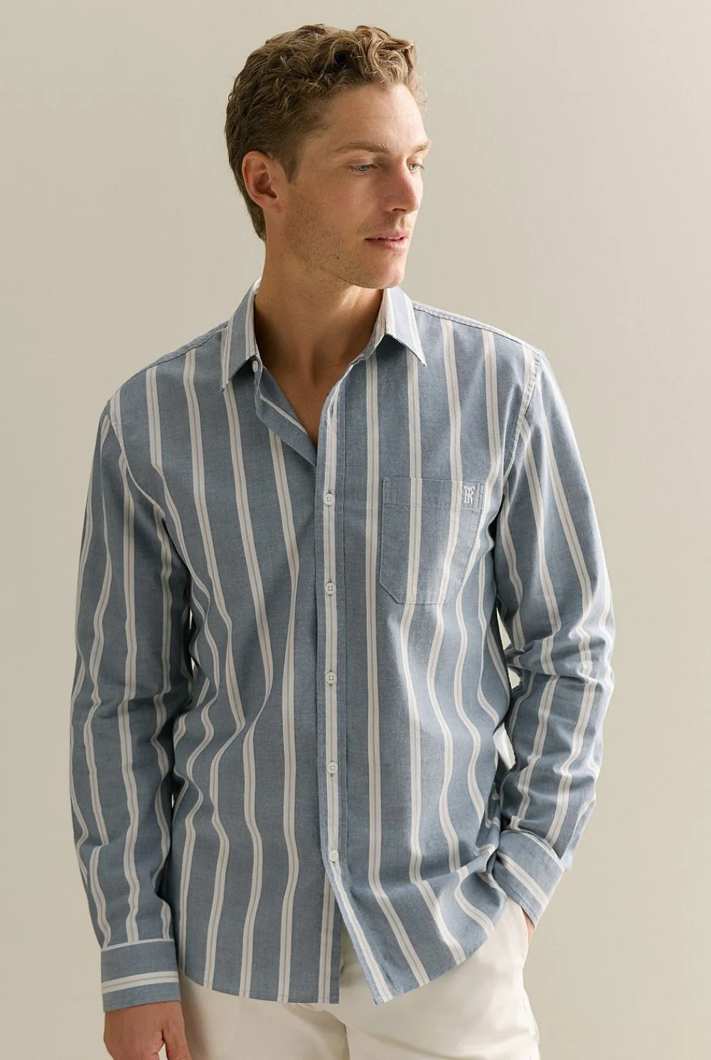 Shirts>Trenery Regular Fit Stripe Monogram Oxford Shirt PetrolBlue