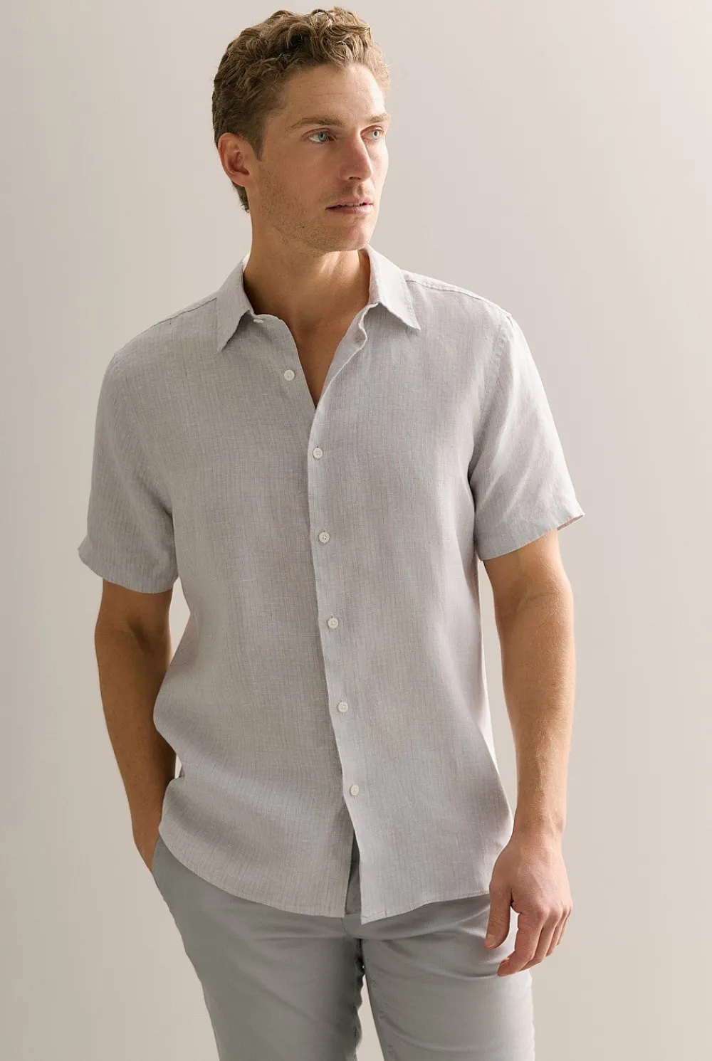 Shirts>Trenery Regular Fit Yarn Dyed Linen Basket Grid Shirt Cement