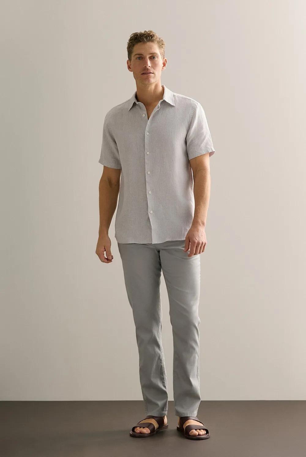 Shirts>Trenery Regular Fit Yarn Dyed Linen Basket Grid Shirt Cement
