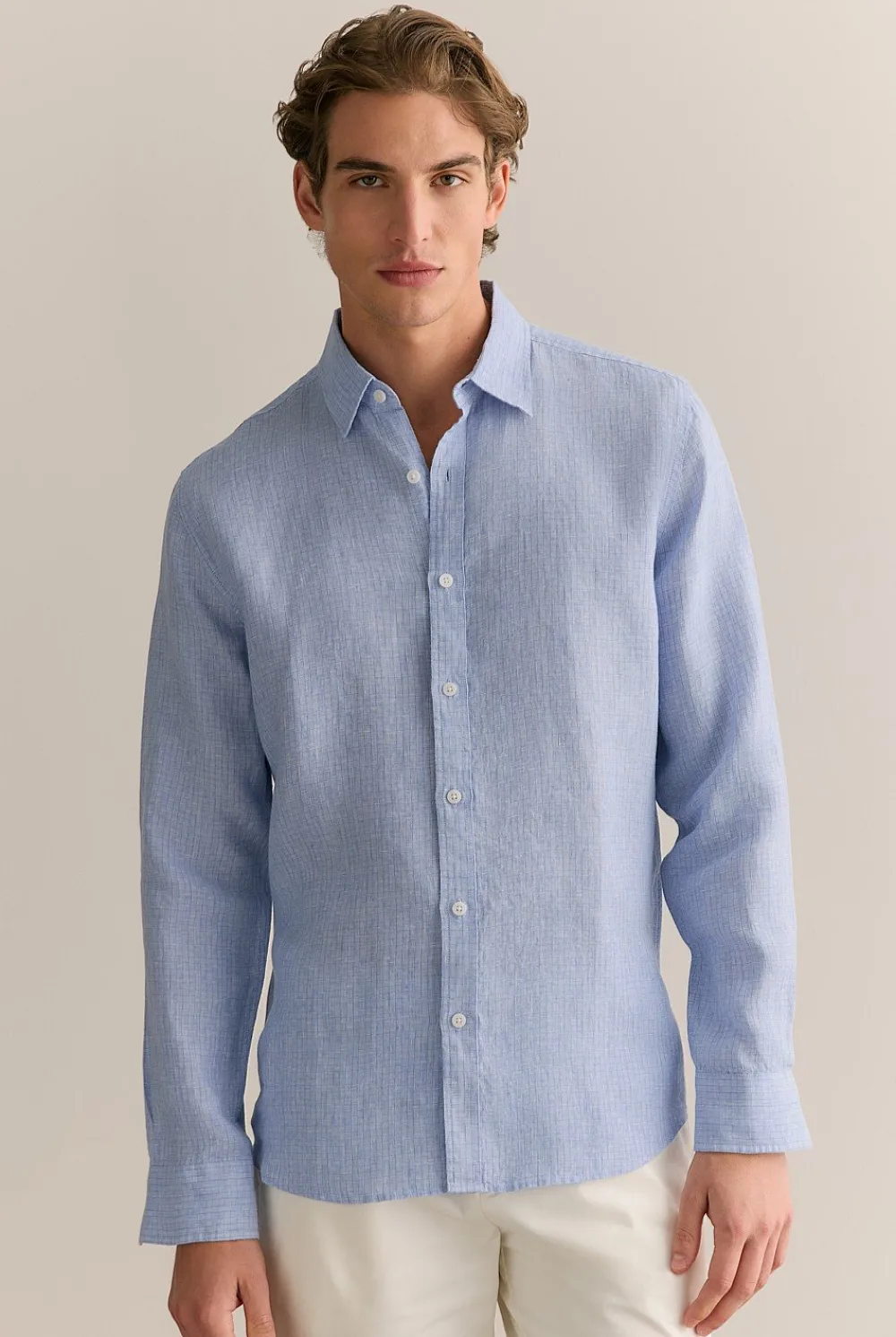 Shirts>Trenery Regular Fit Yarn Dyed Linen Grid Shirt WedgewoodBlue