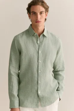 The Linen Edit>Trenery Regular Fit Yarn Dyed Linen Grid Shirt Ivy