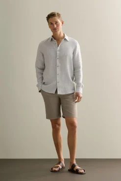 Shirts>Trenery Regular Fit Yarn Dyed Linen Puppytooth Shirt Cement