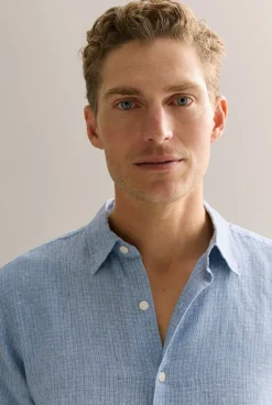 Shirts>Trenery Regular Fit Yarn Dyed Linen Basket Grid Shirt PetrolBlue