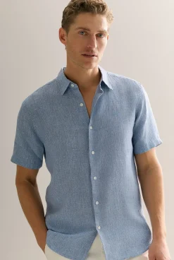 Shirts>Trenery Regular Fit Yarn Dyed Linen Basket Grid Shirt PetrolBlue