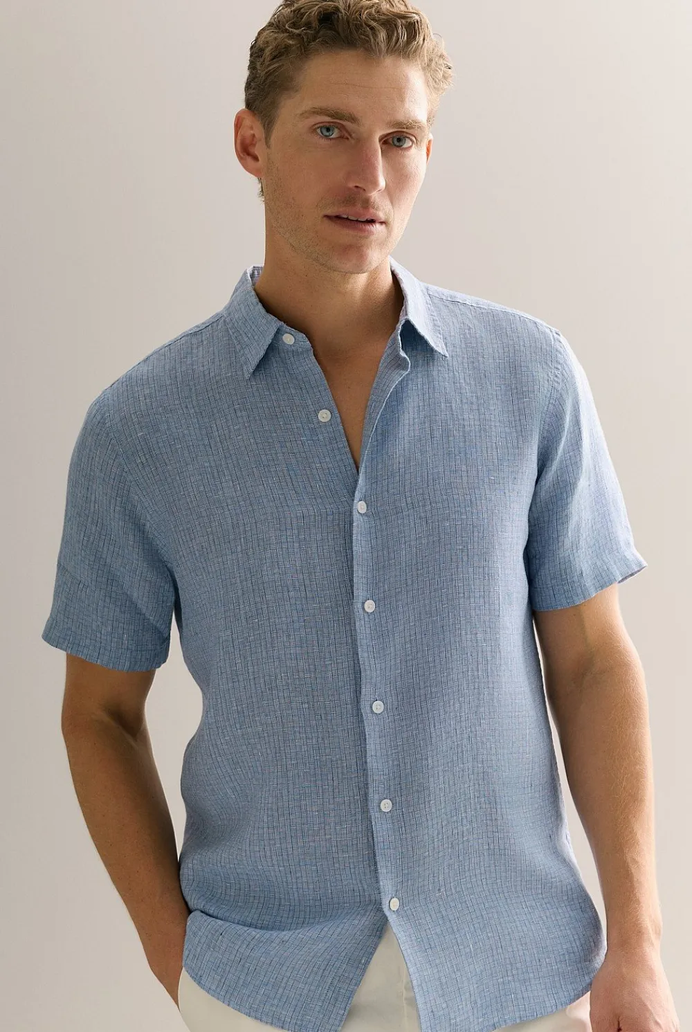 Shirts>Trenery Regular Fit Yarn Dyed Linen Basket Grid Shirt PetrolBlue