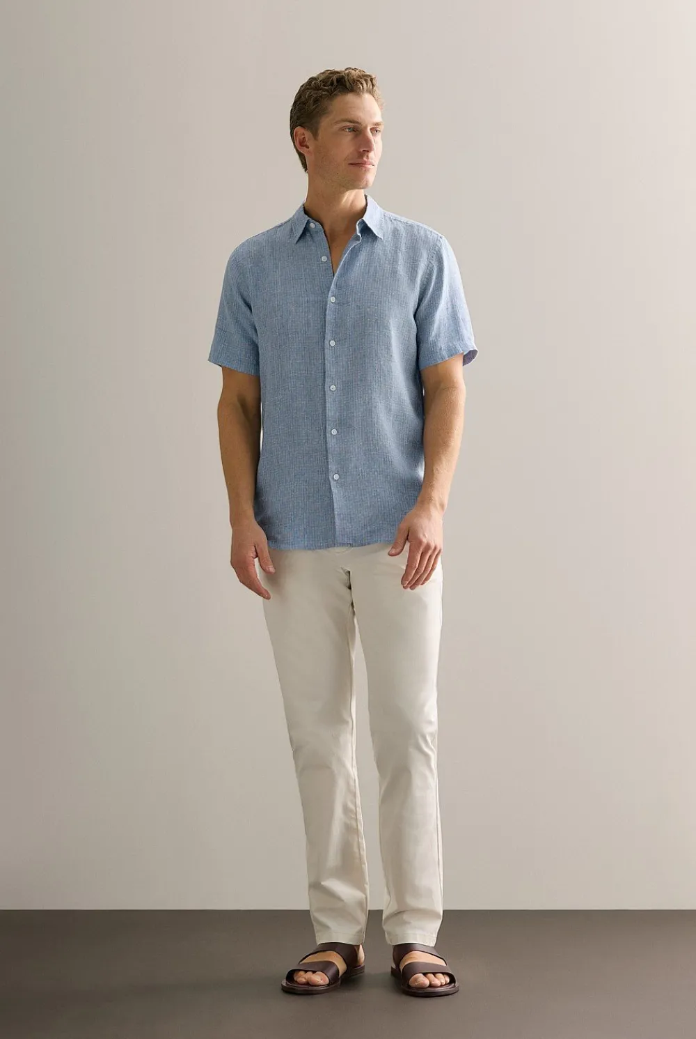 Shirts>Trenery Regular Fit Yarn Dyed Linen Basket Grid Shirt PetrolBlue