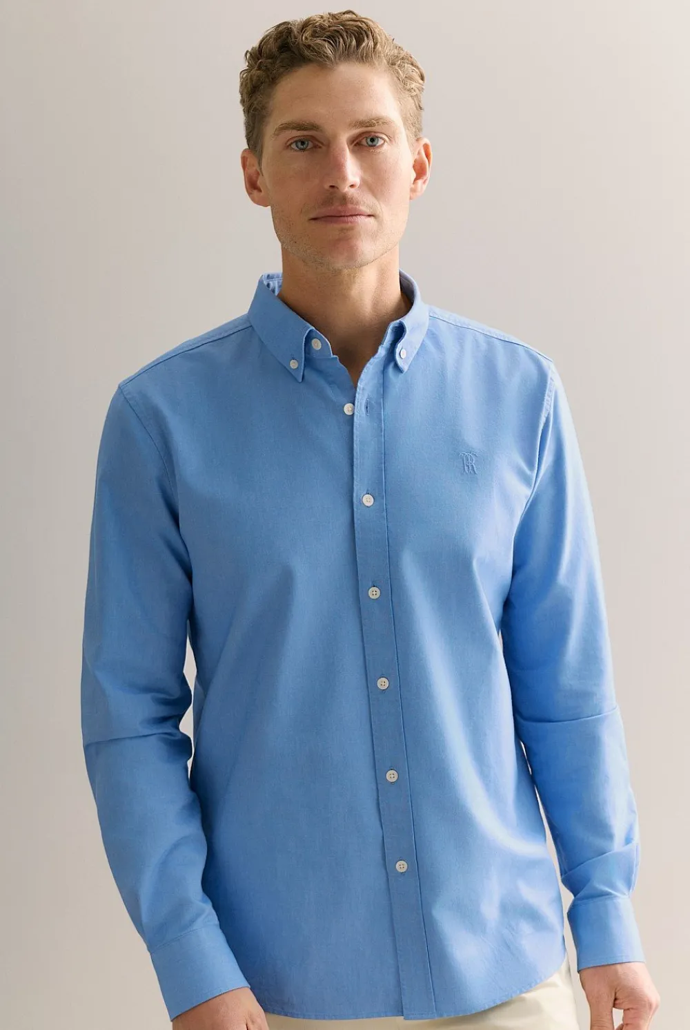 Shirts|Oxford Shirts>Trenery Regular Fit Yarn Dyed Monogram Oxford Shirt Ocean