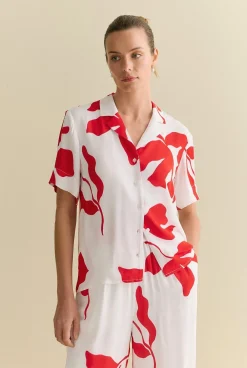 Shirts|Co-ord Sets>Trenery Shadow Palm Draped Short Sleeve Shirt Ivory