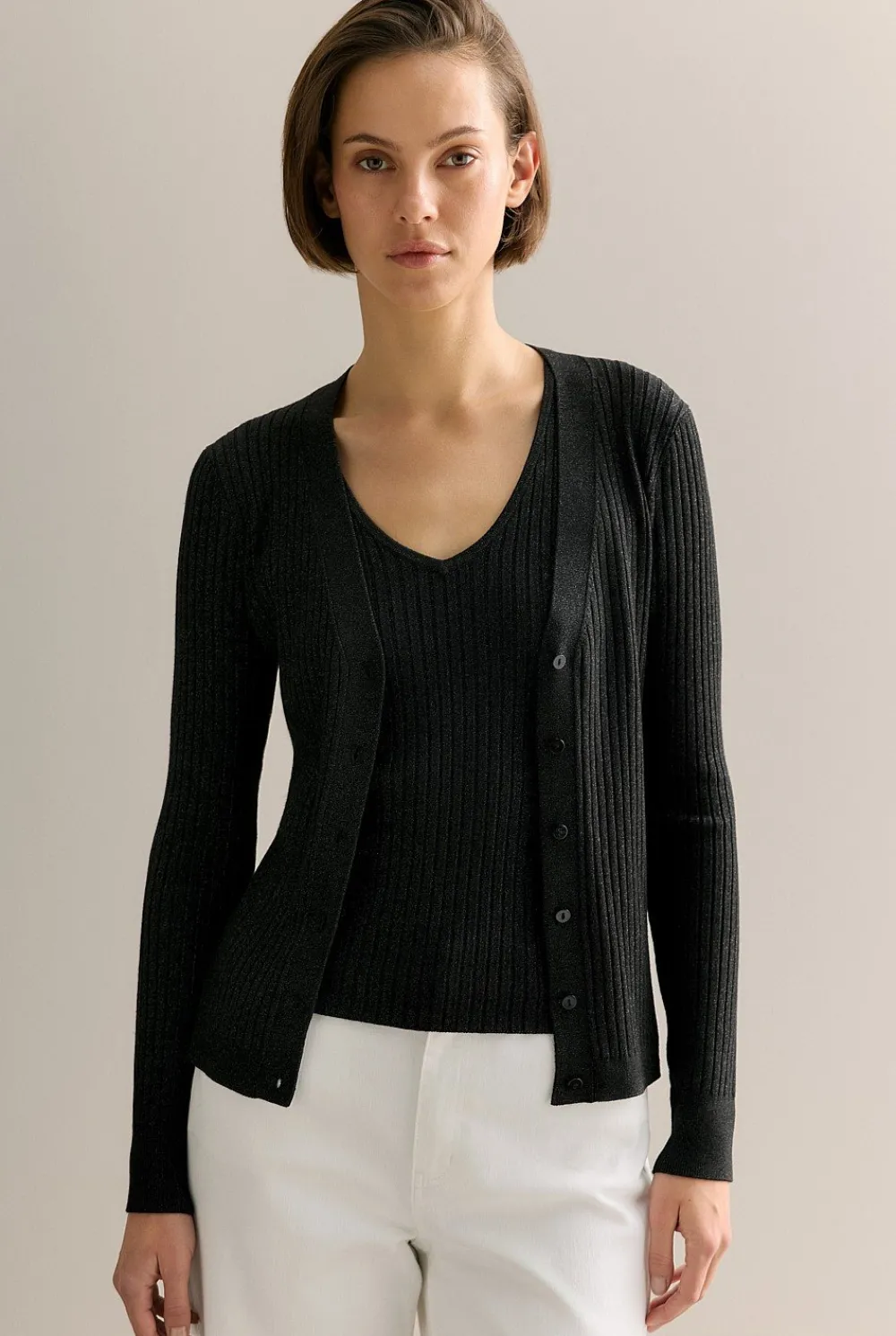Cardigans>Trenery Shimmer Knit V Neck Cardigan Black