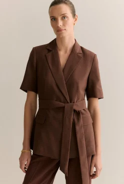 Outerwear|Co-ord Sets>Trenery Short Sleeve Tie Waist Blazer Chocolate