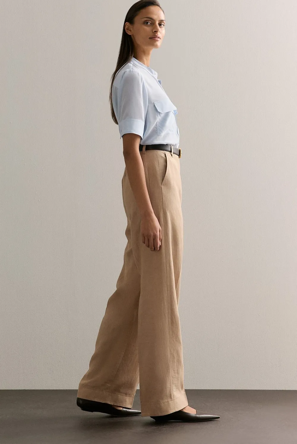 Shirts>Trenery Silk Collarless Pocket Detail Shirt LightBlue