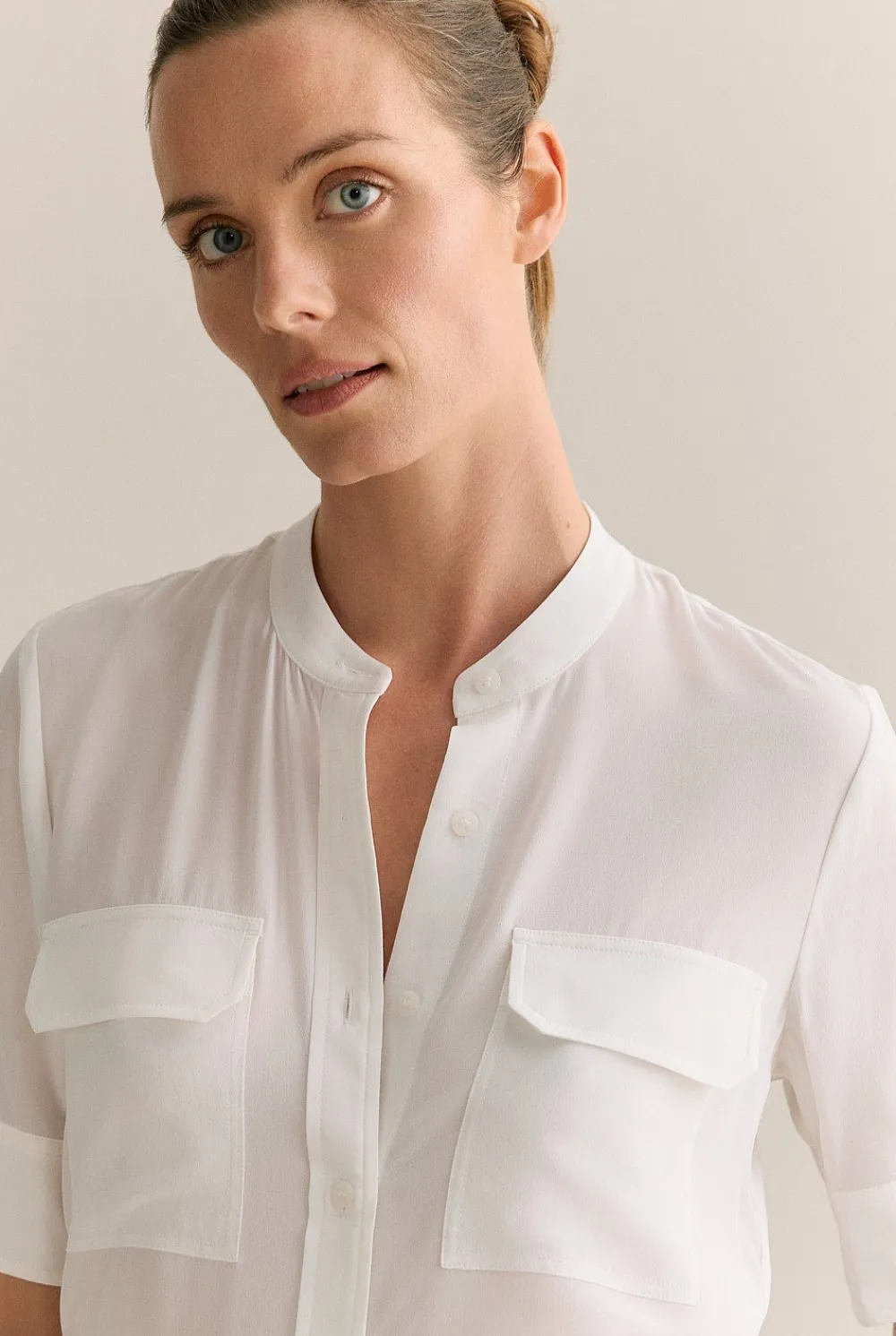 Shirts|Occasion Dresses & Outfits>Trenery Silk Collarless Pocket Detail Shirt White