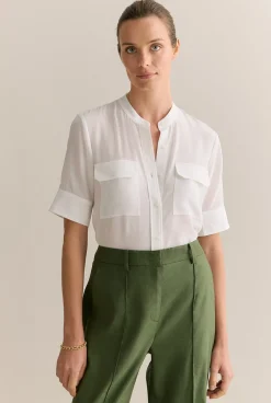 Shirts|Occasion Dresses & Outfits>Trenery Silk Collarless Pocket Detail Shirt White