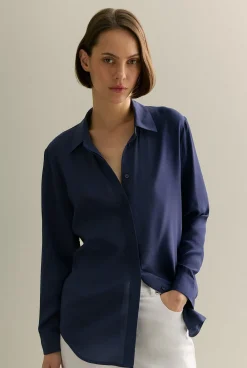 Shirts>Trenery Silk Concealed Placket Shirt Navy