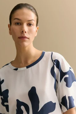 Shirts|T-shirts & Tops>Trenery Silk Crepe Palm Relaxed Top WhiteMulti
