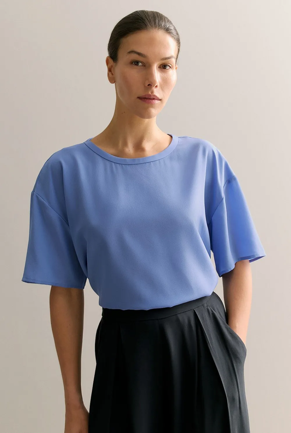 Shirts|T-shirts & Tops>Trenery Silk Crepe Relaxed Top WedgewoodBlue