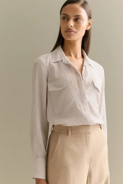 Shirts>Trenery Silk Fine Stripe Pocket Detail Shirt LightBlue