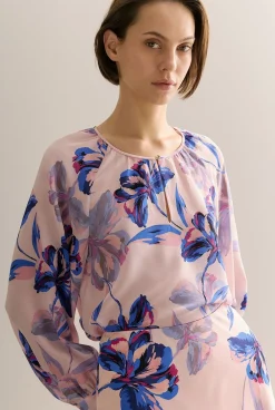 Shirts>Trenery Silk Floral Collarless Raglan Blouse PinkSalt