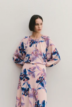 Shirts>Trenery Silk Floral Collarless Raglan Blouse PinkSalt