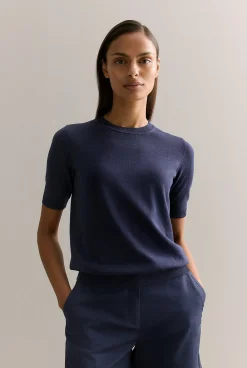 T-shirts & Tops|Knitwear>Trenery Silk Linen Luxury Blend T-shirt Navy