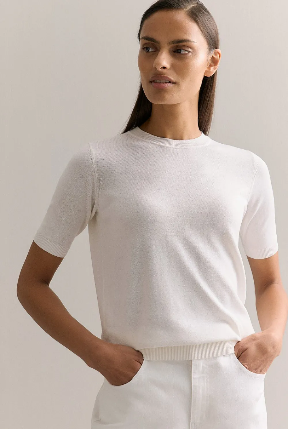 T-shirts & Tops|Knitwear>Trenery Silk Linen Luxury Blend T-shirt Parchment