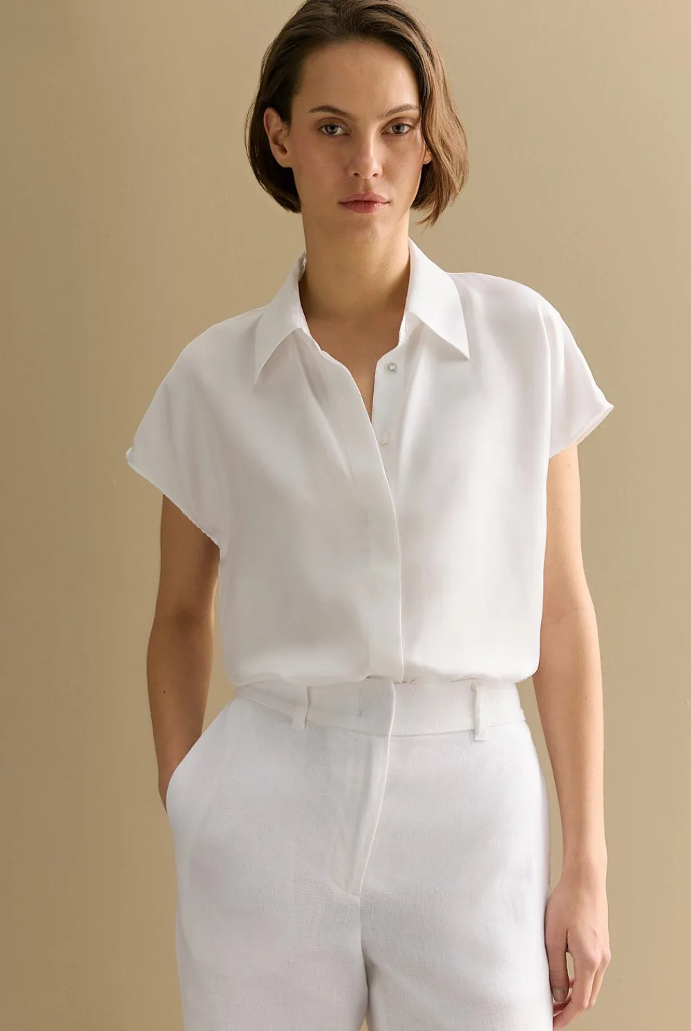 Shirts>Trenery Silk Twill Cap Sleeve Shirt White