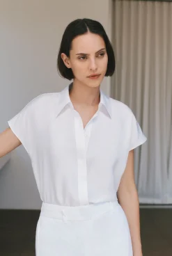 Shirts>Trenery Silk Twill Cap Sleeve Shirt White
