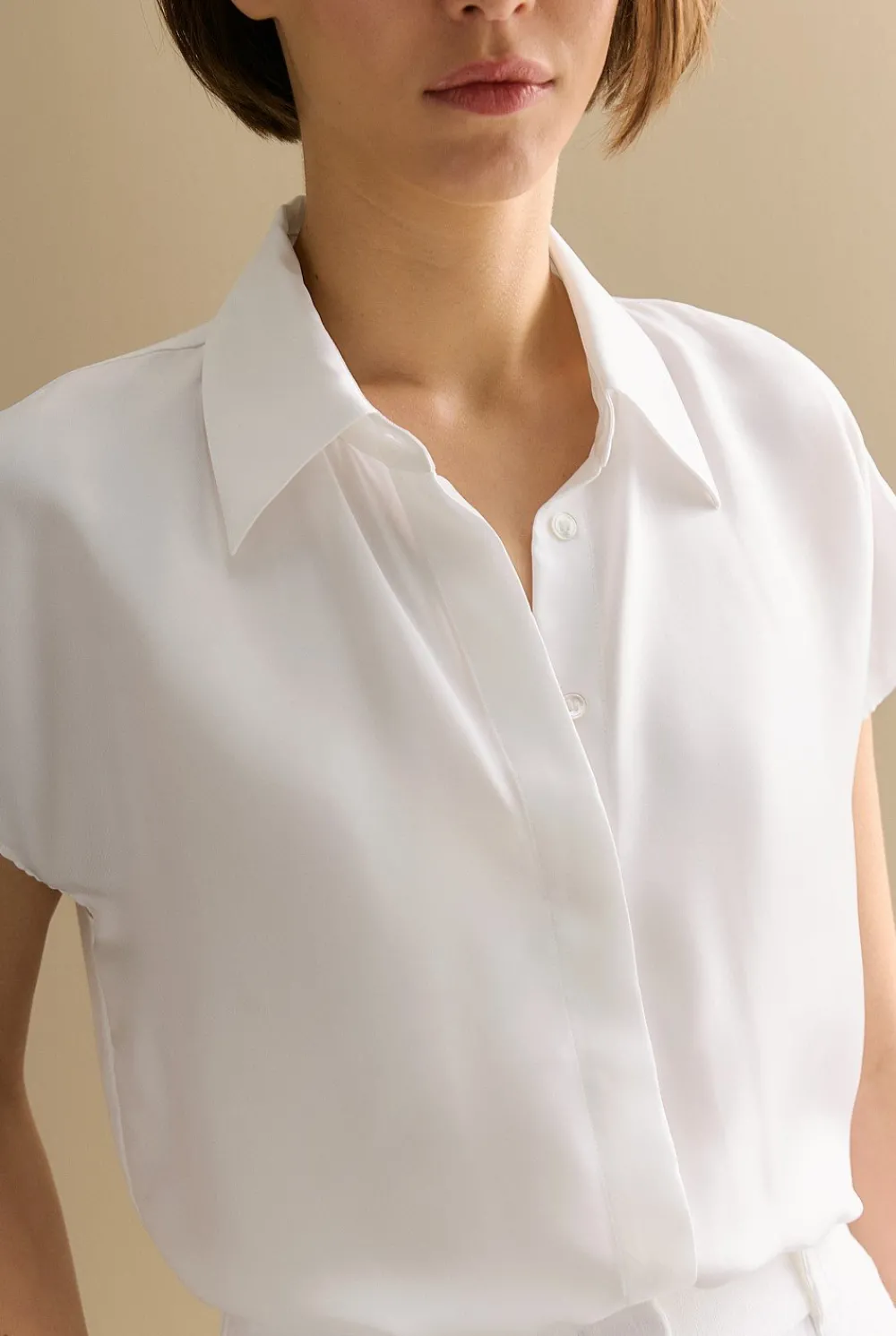 Shirts>Trenery Silk Twill Cap Sleeve Shirt White