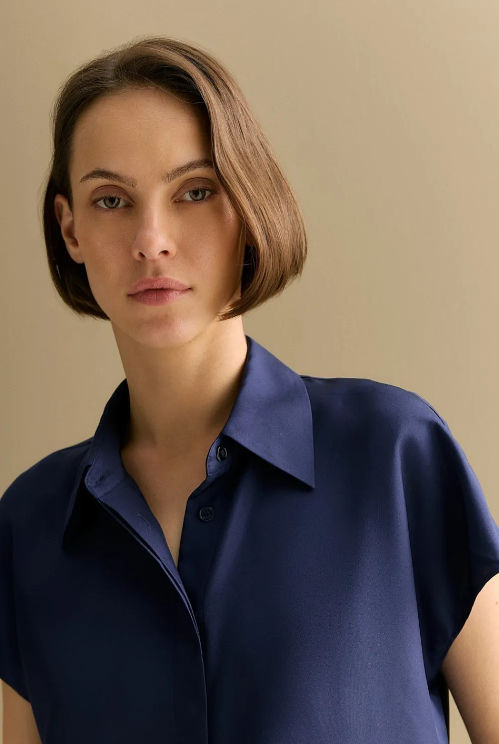 Shirts>Trenery Silk Twill Cap Sleeve Shirt Navy