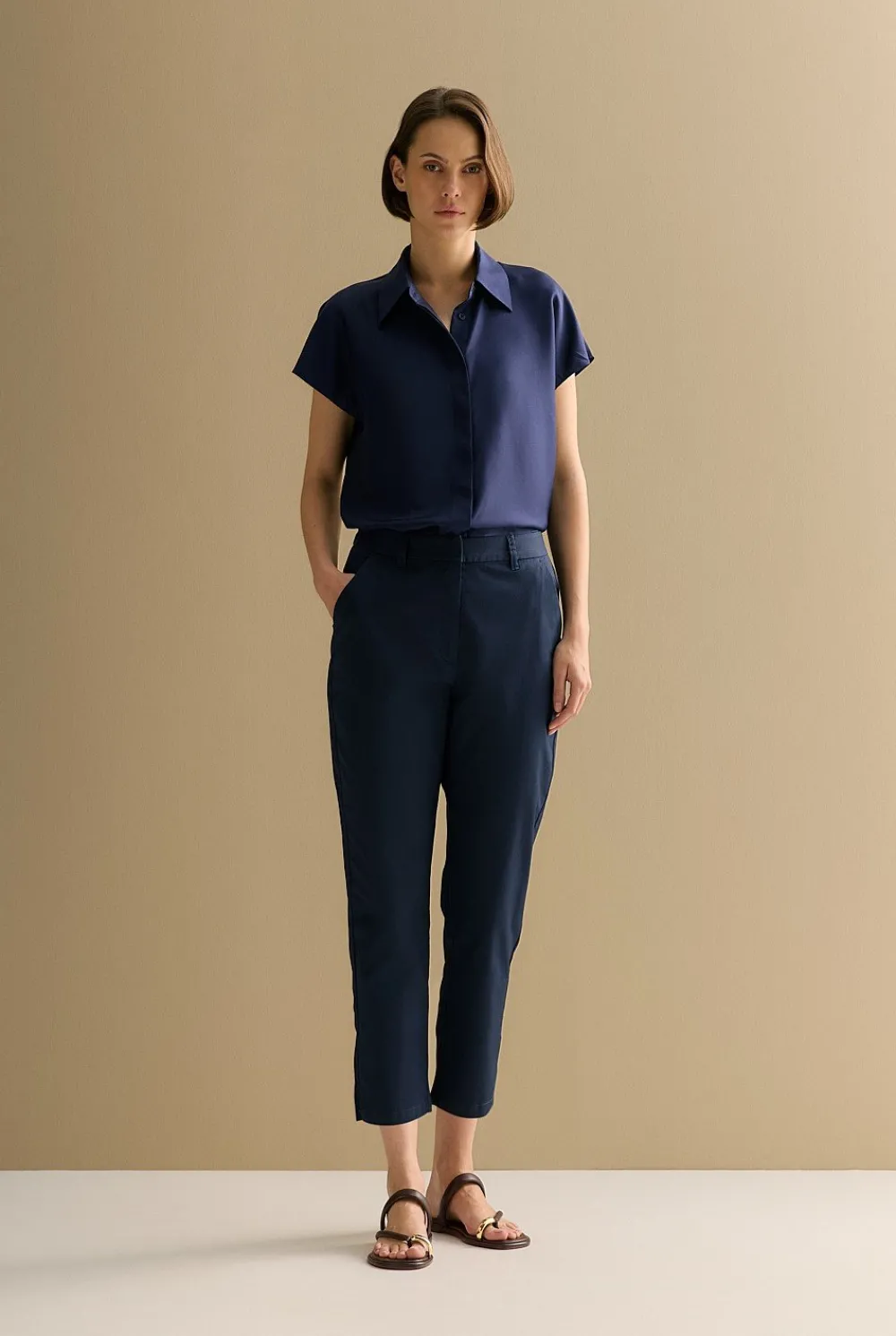 Shirts>Trenery Silk Twill Cap Sleeve Shirt Navy
