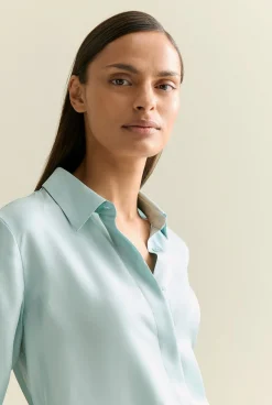 Shirts>Trenery Silk Twill Concealed Placket Shirt PaleSeafoam