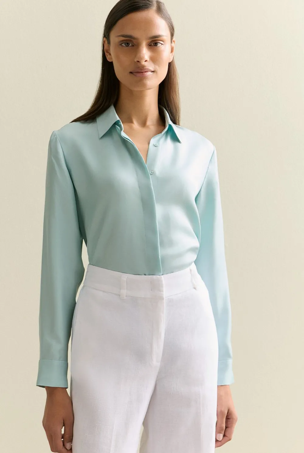 Shirts>Trenery Silk Twill Concealed Placket Shirt PaleSeafoam