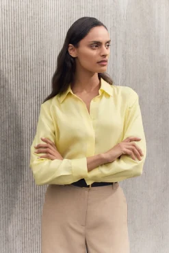Shirts>Trenery Silk Twill Concealed Placket Shirt Yellow