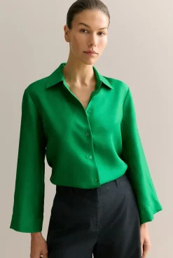 Shirts>Trenery Silk Twill Flared Sleeve Shirt BilliardGreen