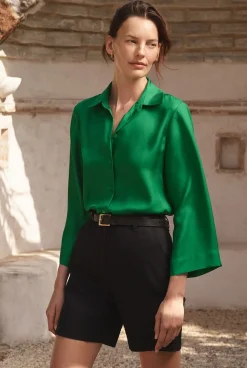 Shirts>Trenery Silk Twill Flared Sleeve Shirt BilliardGreen