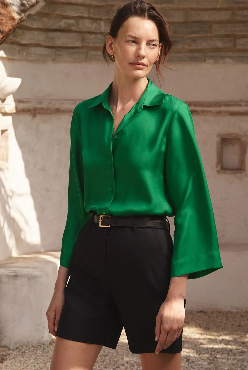 Shirts>Trenery Silk Twill Flared Sleeve Shirt BilliardGreen