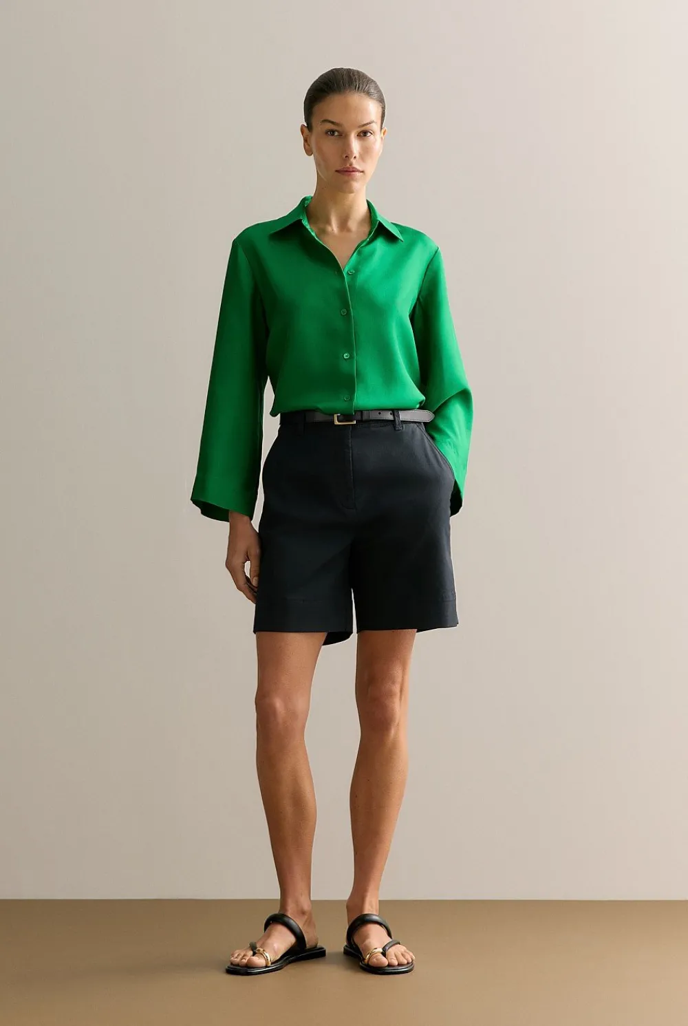 Shirts>Trenery Silk Twill Flared Sleeve Shirt BilliardGreen