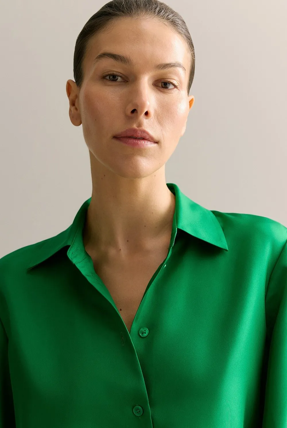 Shirts>Trenery Silk Twill Flared Sleeve Shirt BilliardGreen