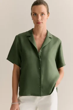 Shirts>Trenery Silk Twill Short Sleeve Camp Shirt Ivy