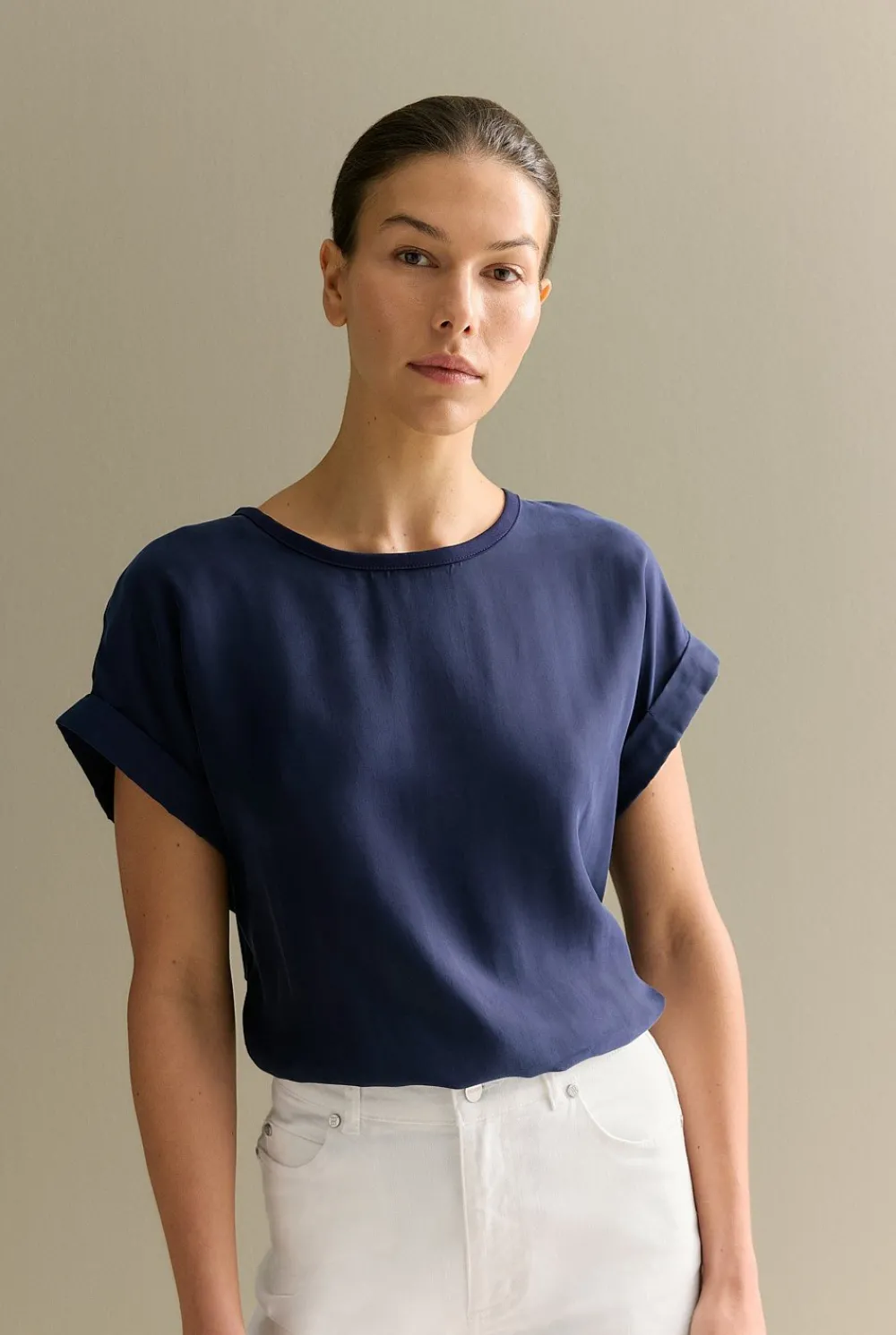 T-shirts & Tops>Trenery Spliced Cuff Detail T-shirt Navy