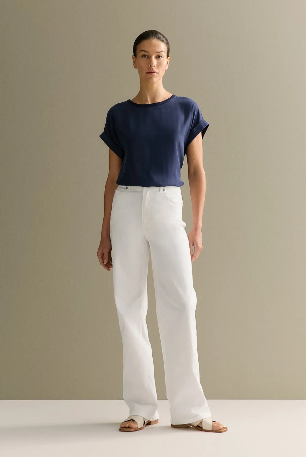 T-shirts & Tops>Trenery Spliced Cuff Detail T-shirt Navy