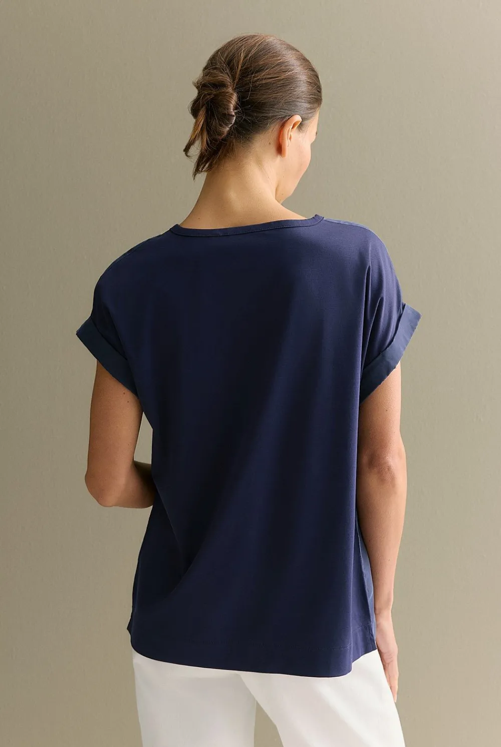T-shirts & Tops>Trenery Spliced Cuff Detail T-shirt Navy